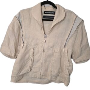 Kody Phillips Accordian Shirt 22 Tan Linen Size Small Short Sleeve Expanding Zip